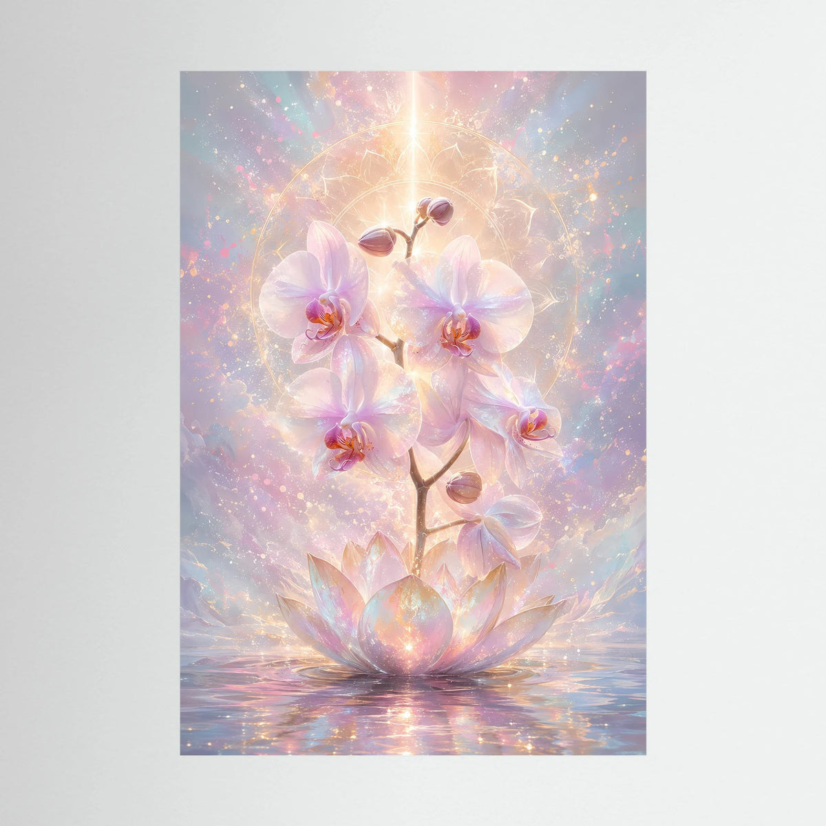 Hochformatiges Poster mit pastellfarbenen Orchideen- und Lotusblüten und goldenen Akzenten