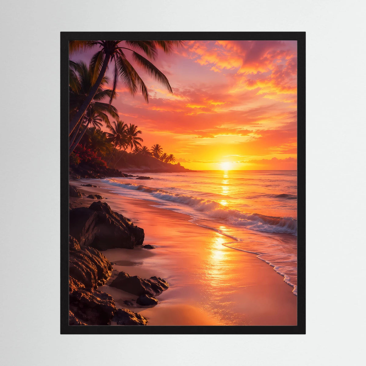 Hochformatiges Poster im schwarzen Rahmen mit tropischem Strand, Palmen und Sonnenuntergang