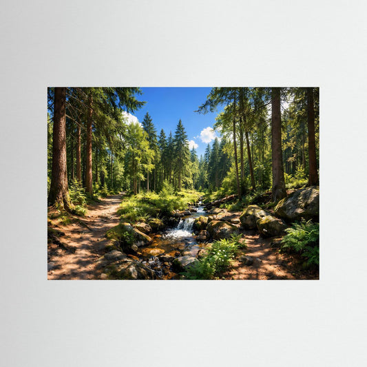 Natur-Landschaftsposter mit Waldfluss im Sonnenlicht, grünem Wald und Bach im Querformat