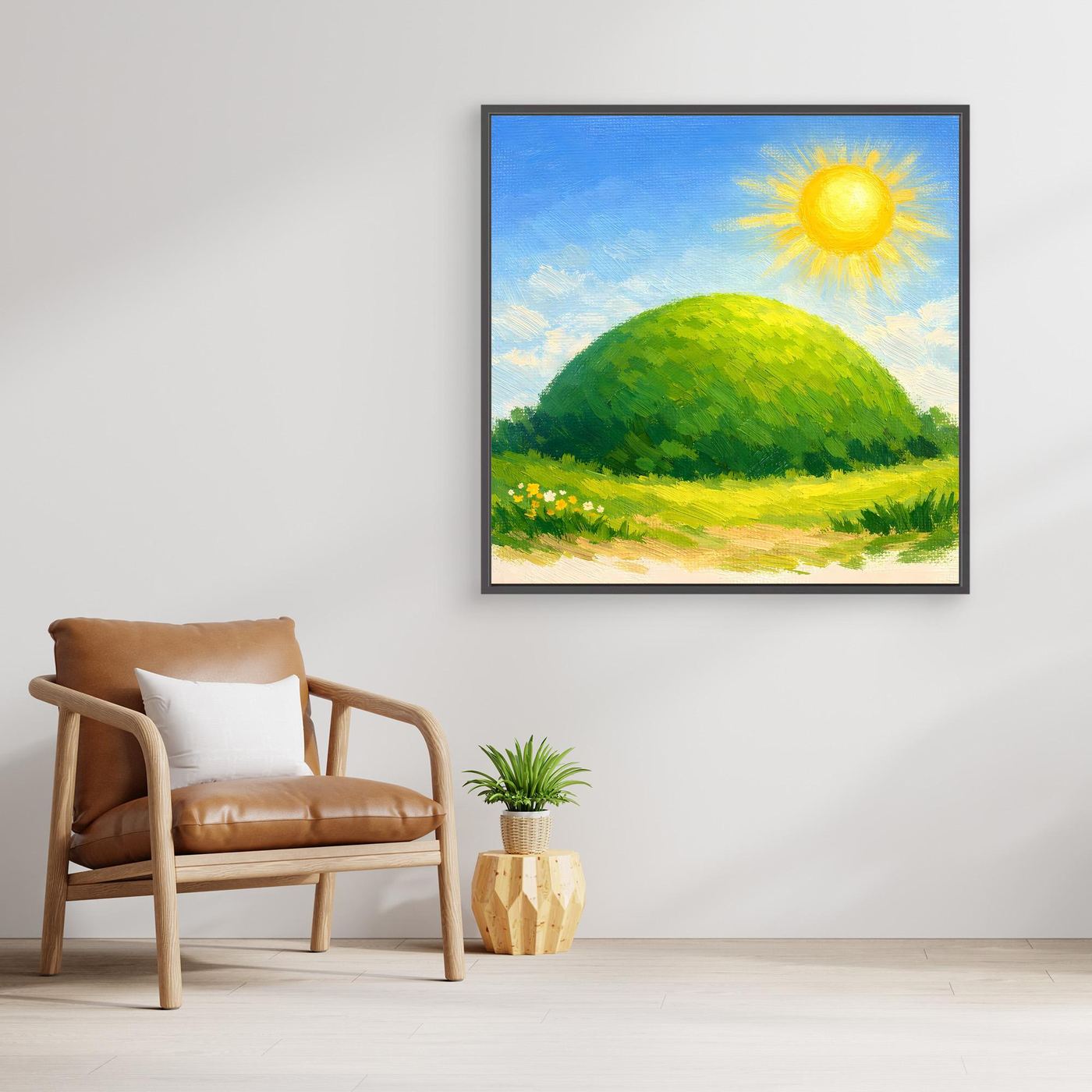 Quadratisches Leinwandbild mit grünem Hügel, gelber Sonne und blauem Himmel