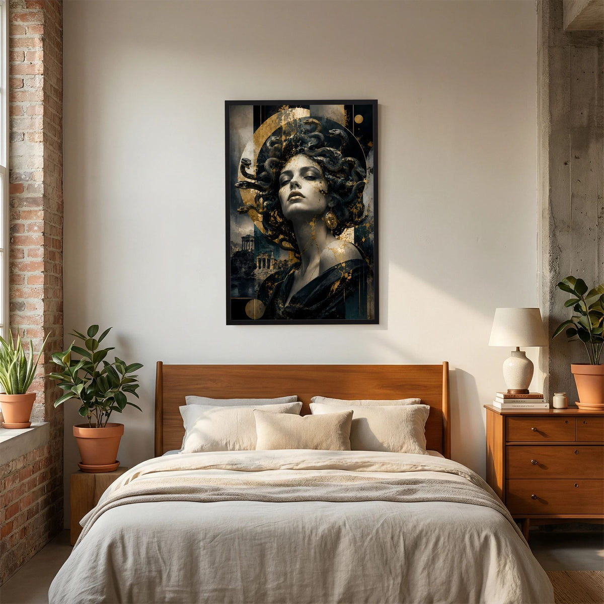 Hochformat-Poster mit Frau im Schwarz-Gold-Look, Schlangenhaar, im schwarzen Rahmen