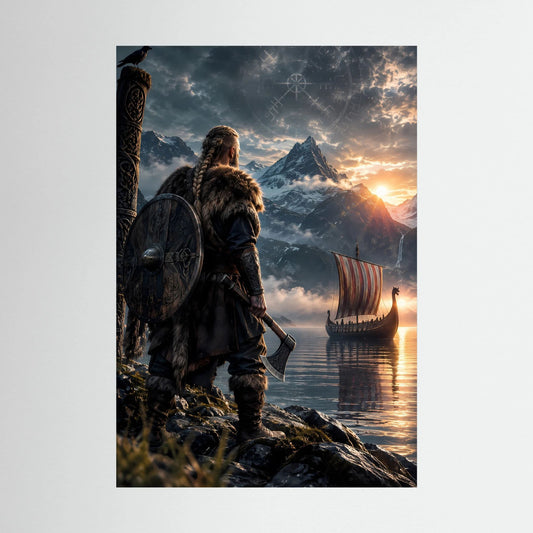 Fantasy-Poster im Hochformat: Wikingerkrieger mit Schild, Wikingerschiff und Berglandschaft