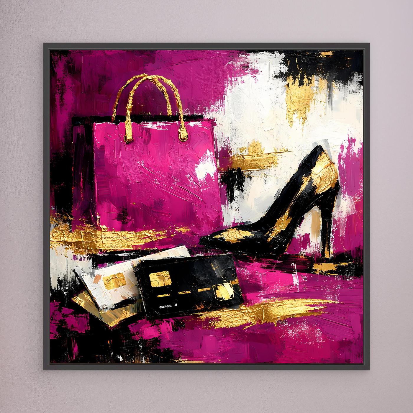 Leinwand Abstraktes Fashion Wandbild in Pink und Gold | Modernes High Heels & Shopping Gemälde