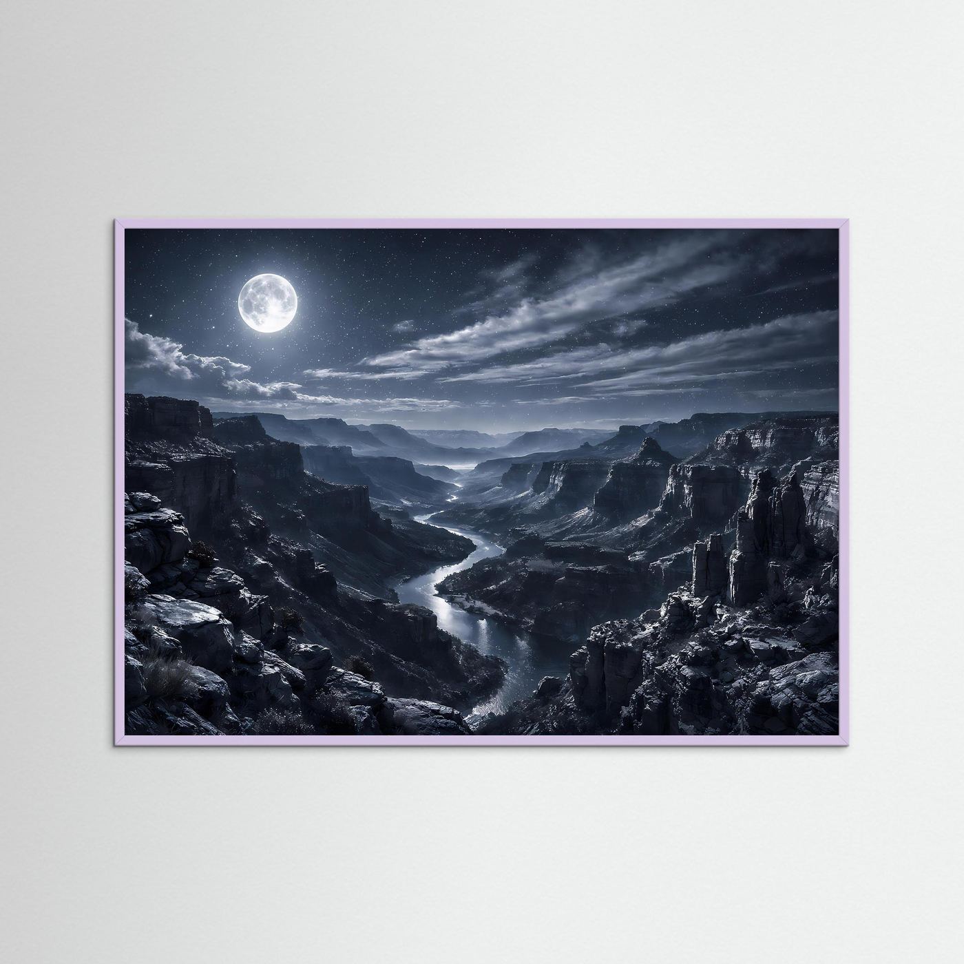 Wandbild mit Canyonlandschaft bei Nacht, Mond über Schlucht, lila Rahmen.