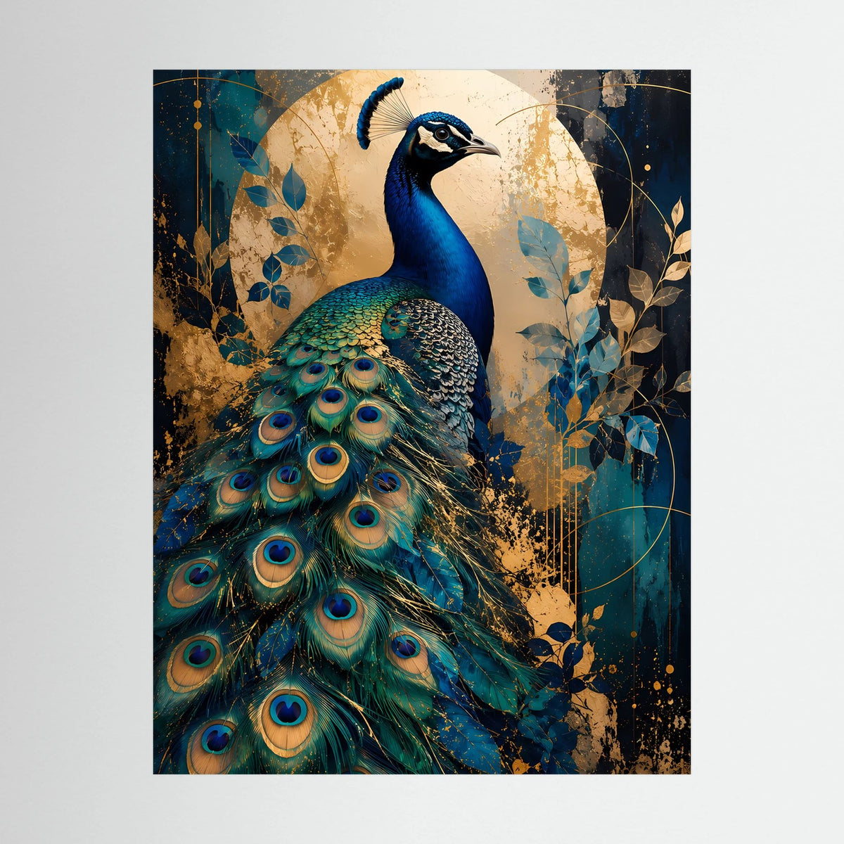 Nahaufnahme: Pfauenmotiv in Blau und Gold auf Poster mit schwarzem Rand