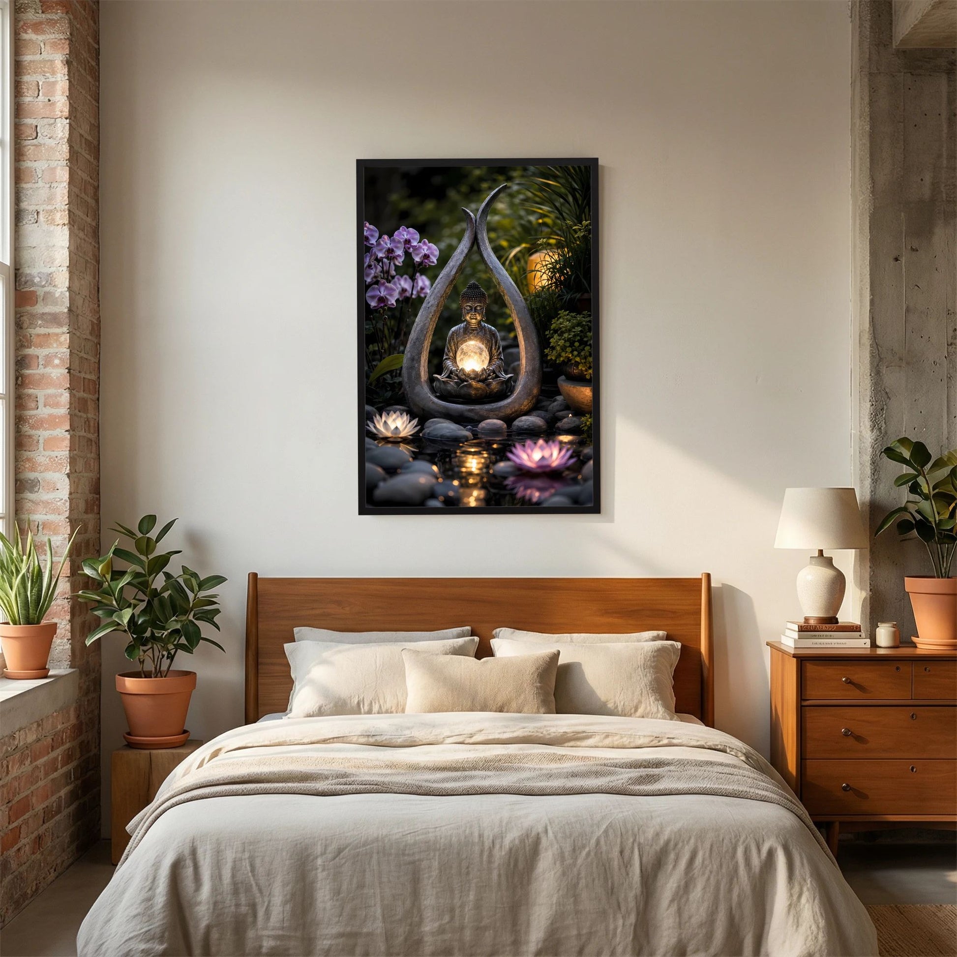 Gerahmtes Zen-Garten-Poster mit Buddha, goldener Lichtkugel, Lotusblumen und violetten Orchideen