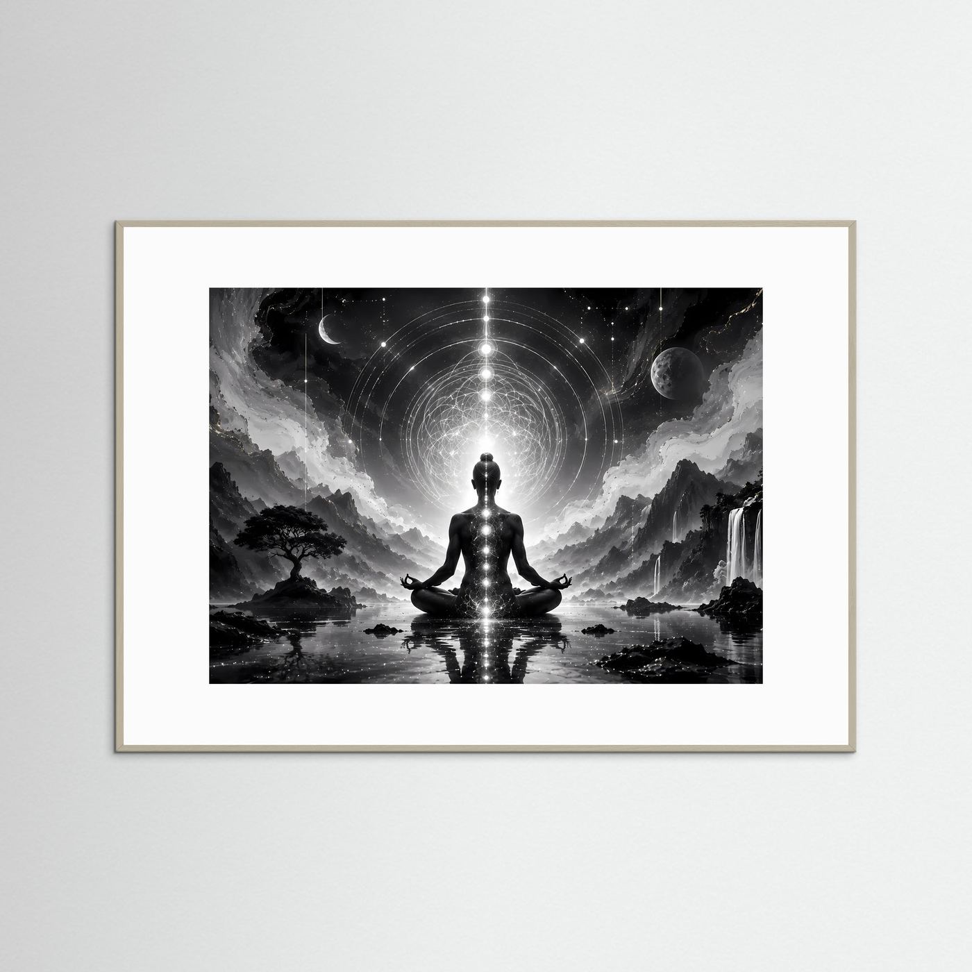Meditation Schwarz Weiß | Spirituelles Wandbild mit Chakren & Heiliger Geometrie