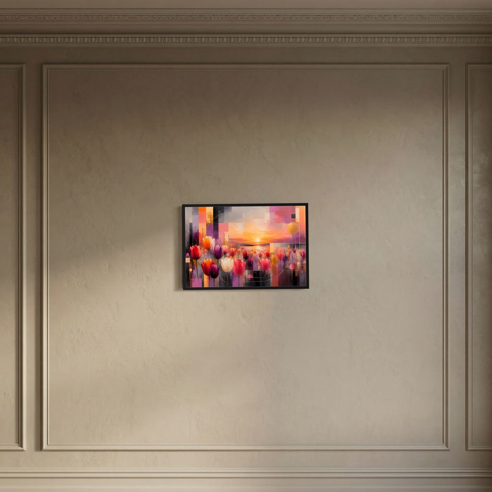 Querformat-Poster mit abstrakten Tulpen und Sonnenuntergang, schwarzer Bilderrahmen