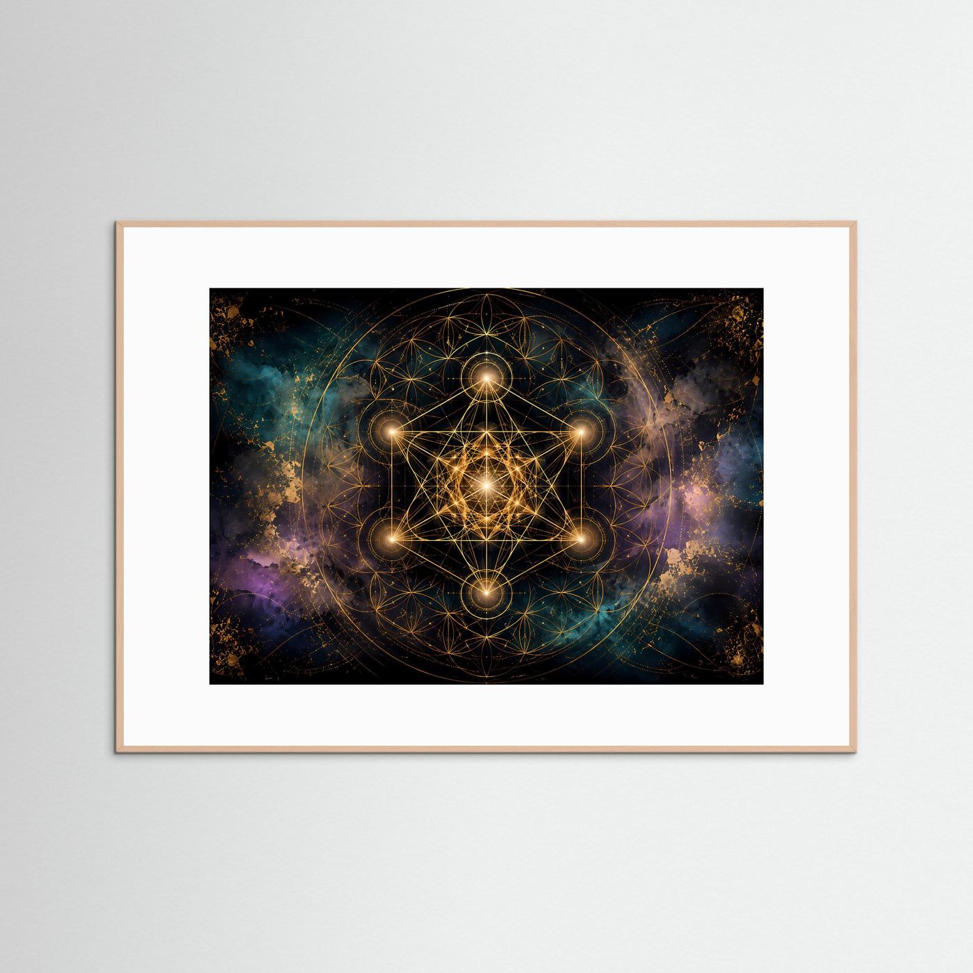 Heilige Geometrie Poster | Goldene Sacred Geometry mit Metatrons Würfel | Spirituelle Wandkunst | Kosmisches Mandala | Premium Leinwand & Wall Art