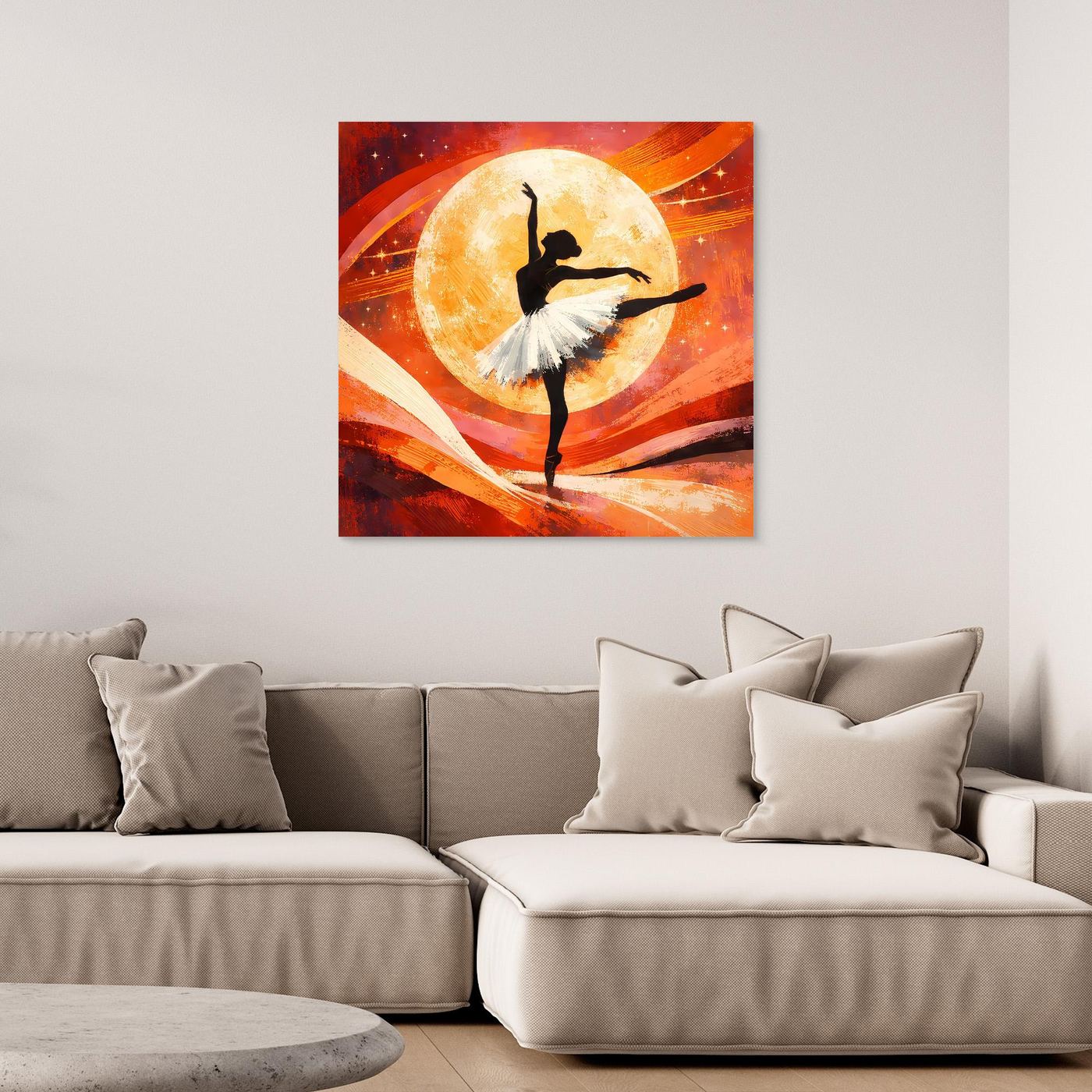 Leinwandbild mit tanzender Ballerina vor gelbem Vollmond in abstraktem Rot-Orange