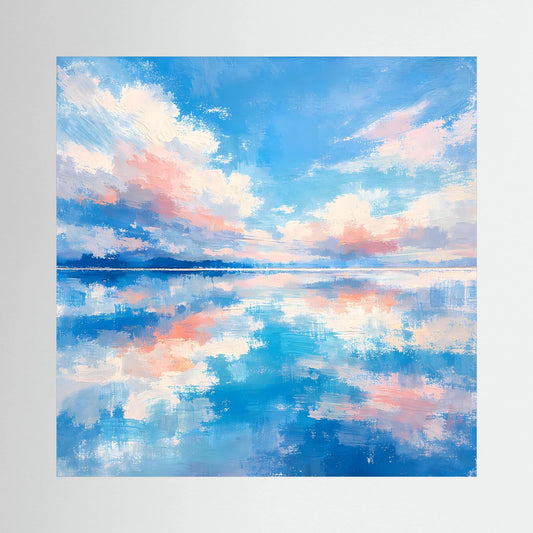 Abstraktes Leinwand-Wandbild auf Keilrahmen: blauer Himmel, Wolken und Meereslinie