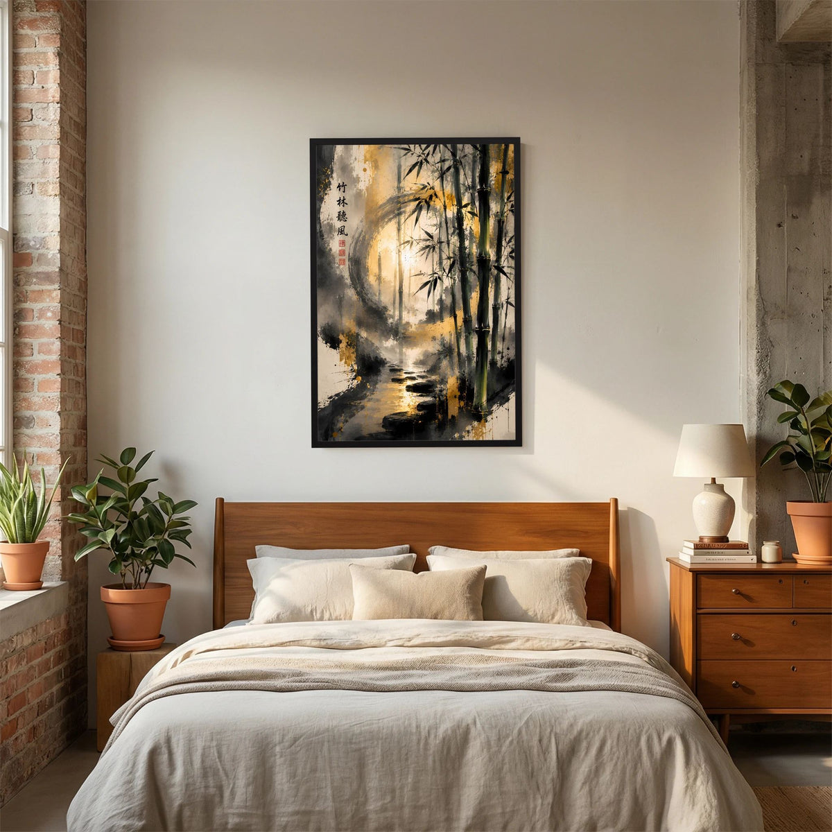 Kunstposter Hochformat mit Bambus-Zen-Landschaft in Gold, schwarzer Rahmen