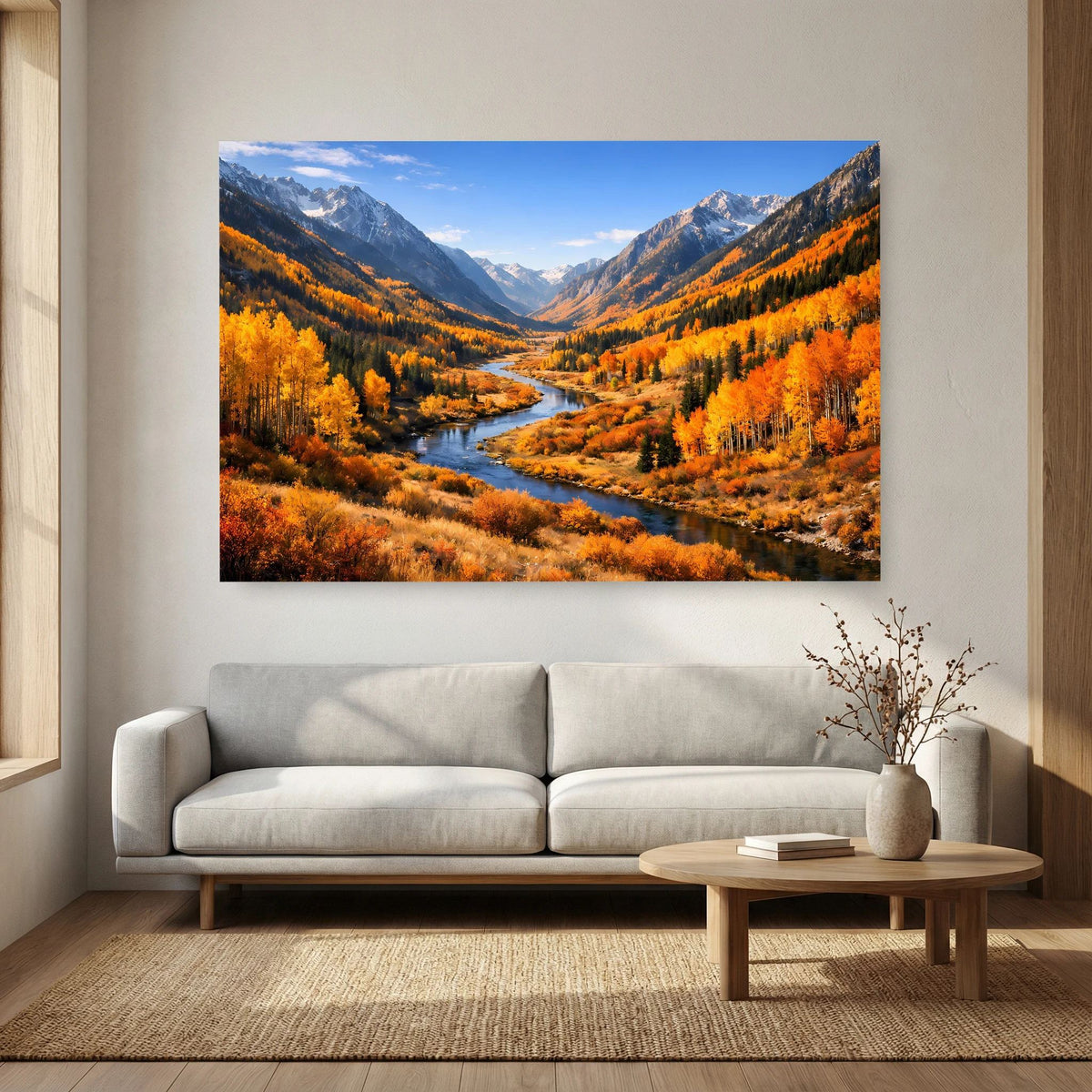 Wandposter querformat mit Fluss durch das Herbst-Bergtal und warmen Baumfarben