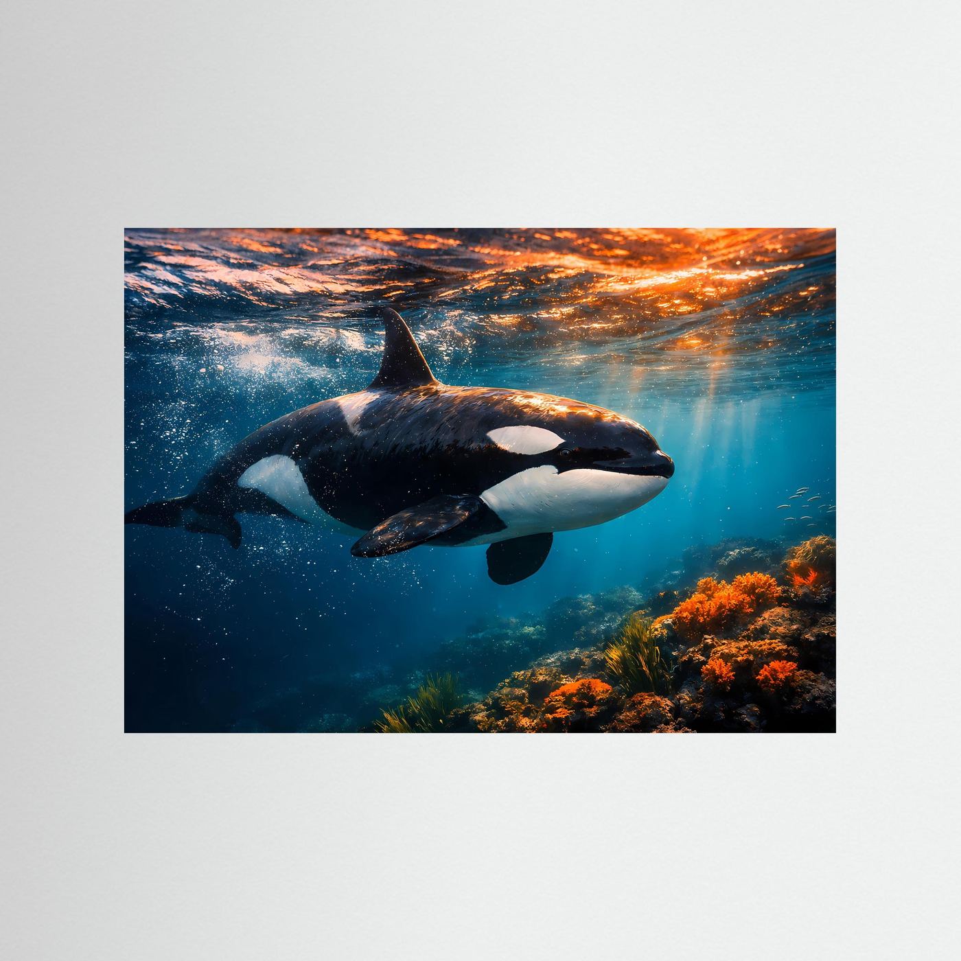 Querformat-Poster mit Schwertwal im blauen Meer, orangefarbener Rahmen