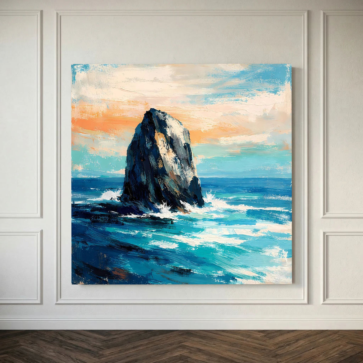 Leinwand-Wandbild mit Felsen in der Brandung, klar umrahmtes Motiv in Blau und Orange