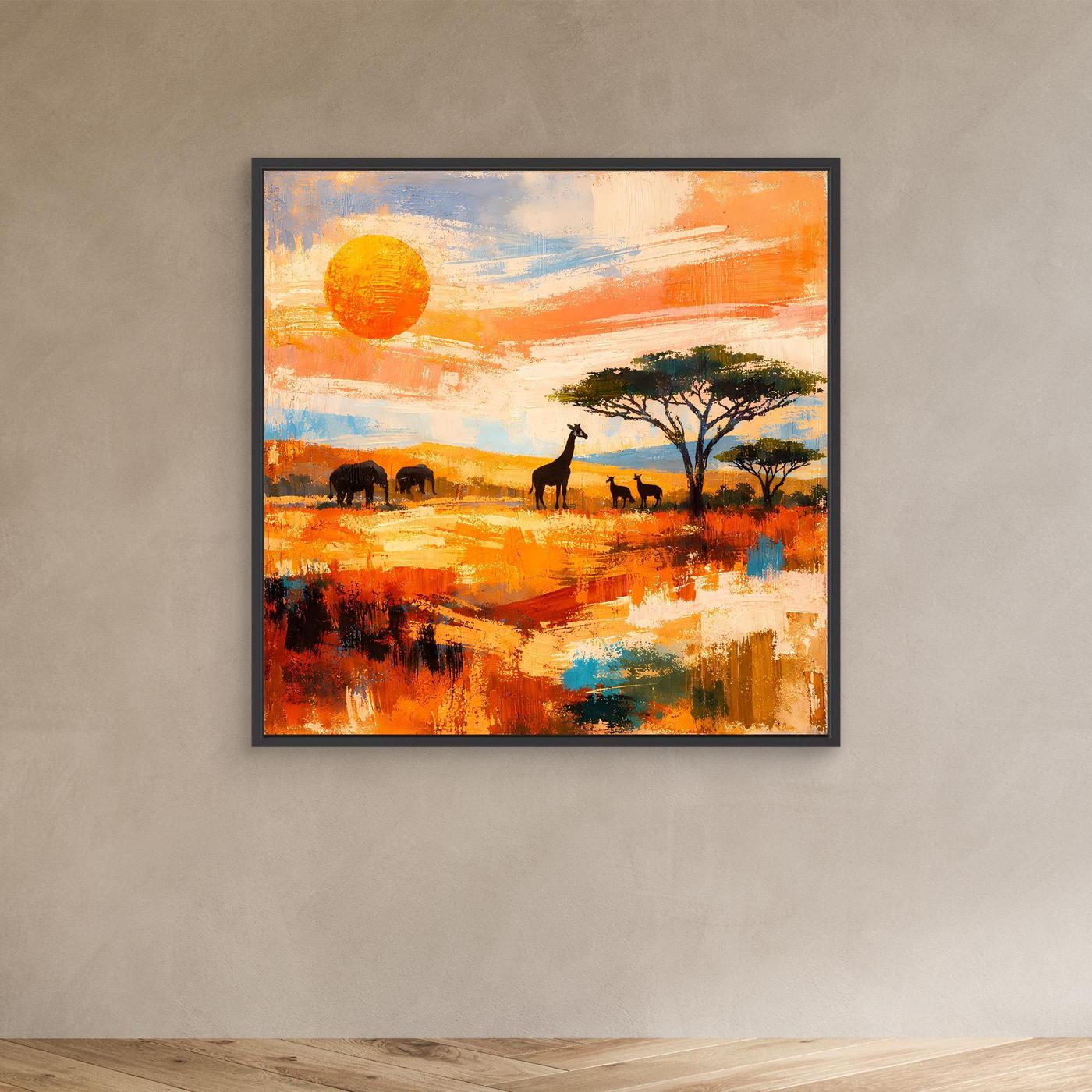 Quadratisches abstraktes Leinwandbild Savanne mit schwarzem Rahmen, Sonne, Baum, Tiere