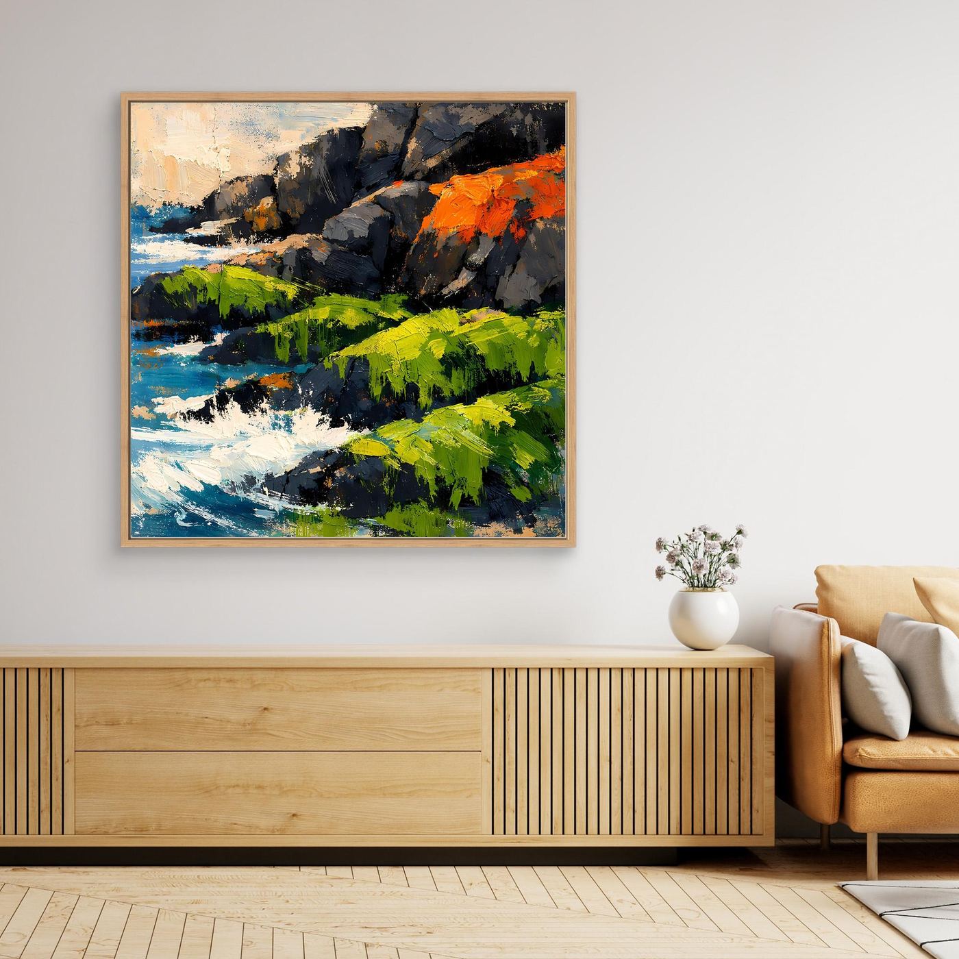 Abstraktes Küstenlandschaft-Wandbild mit türkisfarbenem Wasser, grünem Ufer und orangefarbenem Felsen