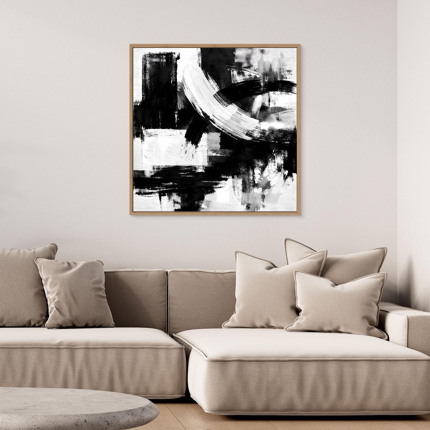 Abstract canvas wall art with black-and-white brushstrokes in square layout, wood frame