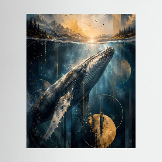 Poster im Hochformat mit Wal unter Wasser, Ozean in Blau und Gold