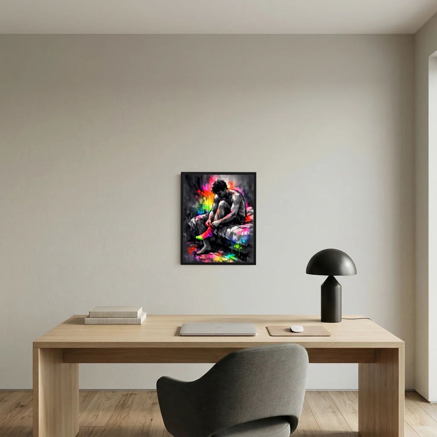 Neon-Wandposter im schwarzen Rahmen: Sportler beim Socken anziehen mit Farbspritzern