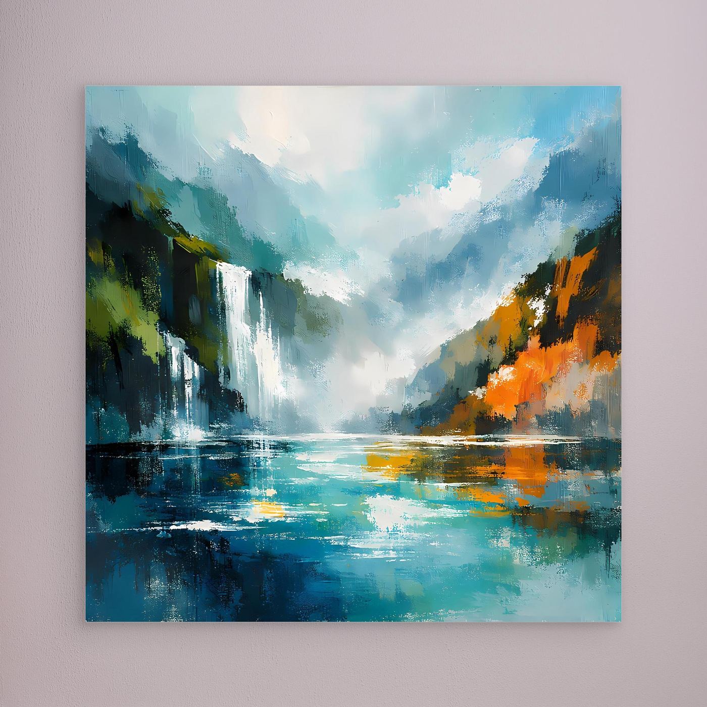 Abstraktes Leinwandbild mit Wasserfall im Fjord: blaues Wasser, grüne Felsen, orange Akzente.