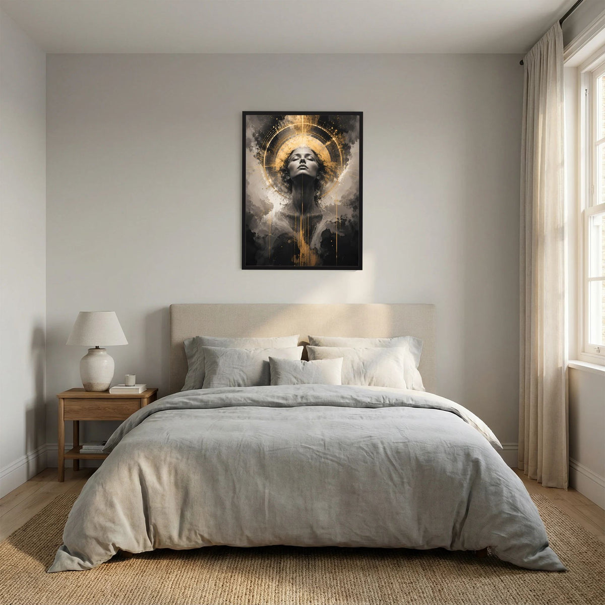 Gerahmtes Hochformat-Poster mit Frauenkopf in Schwarz, umgeben von goldenem Kreis und Rauchoptik