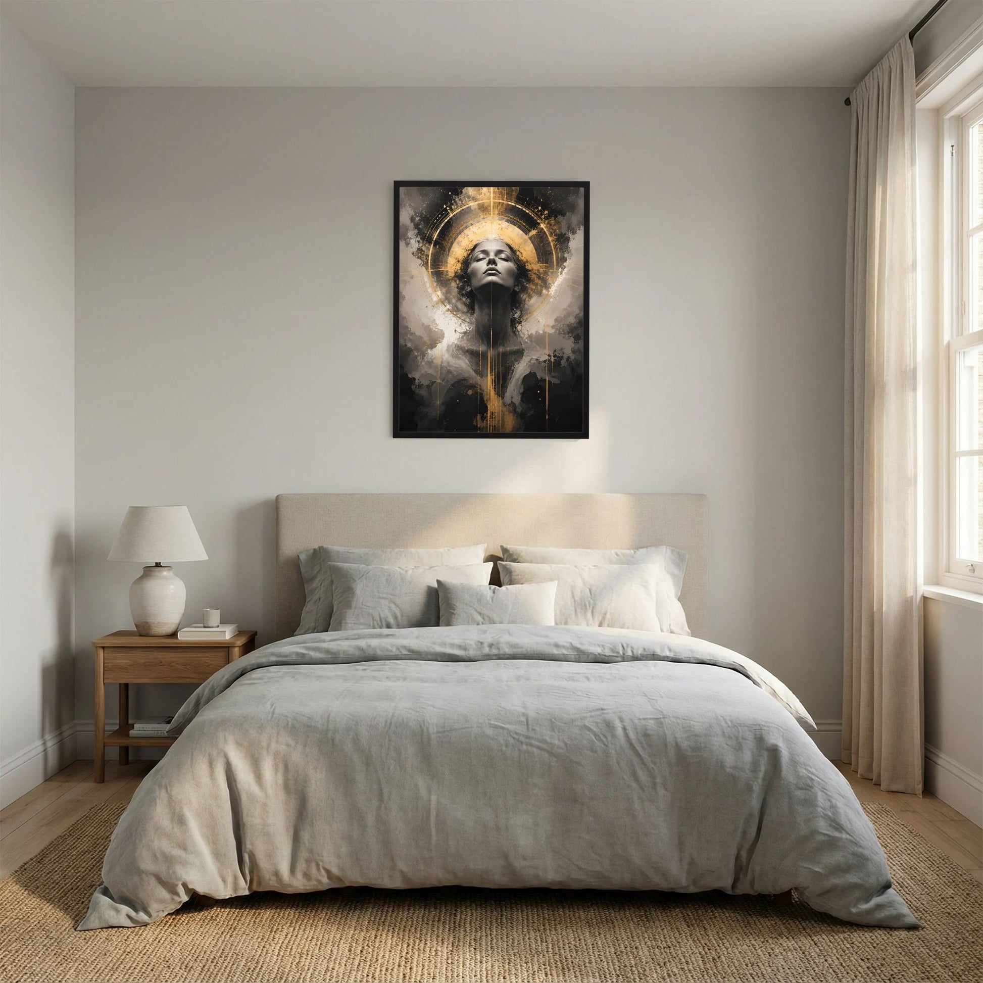 Gerahmtes Hochformat-Poster mit Frauenkopf in Schwarz, umgeben von goldenem Kreis und Rauchoptik
