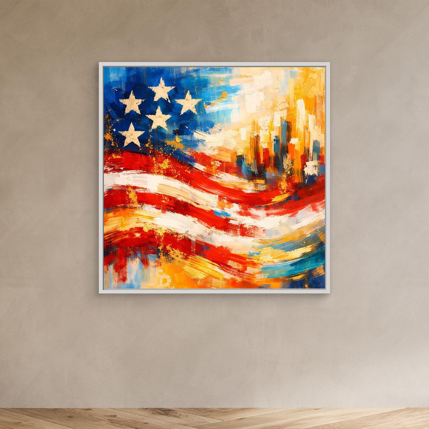 Leinwandbild mit abstrakter US-Flagge, blaue Sterne, rote Streifen und Skyline, weiß gerahmt