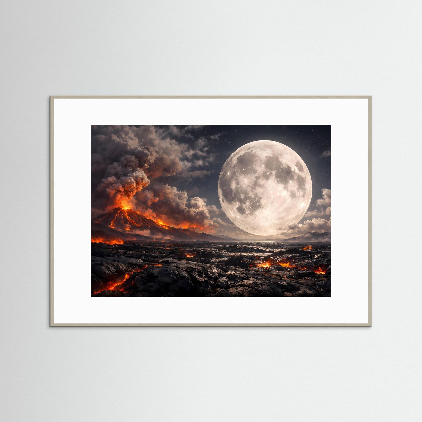 Grau gerahmtes Natur-Fantasy-Poster: Vulkanausbruch mit Feuer und riesigem Vollmond im Querformat