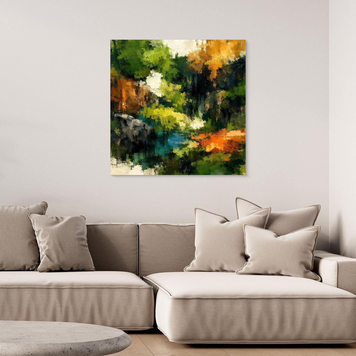 Wandbild mit abstrakter Waldlandschaft in Grün, Blau und Orange ohne sichtbaren Rahmen
