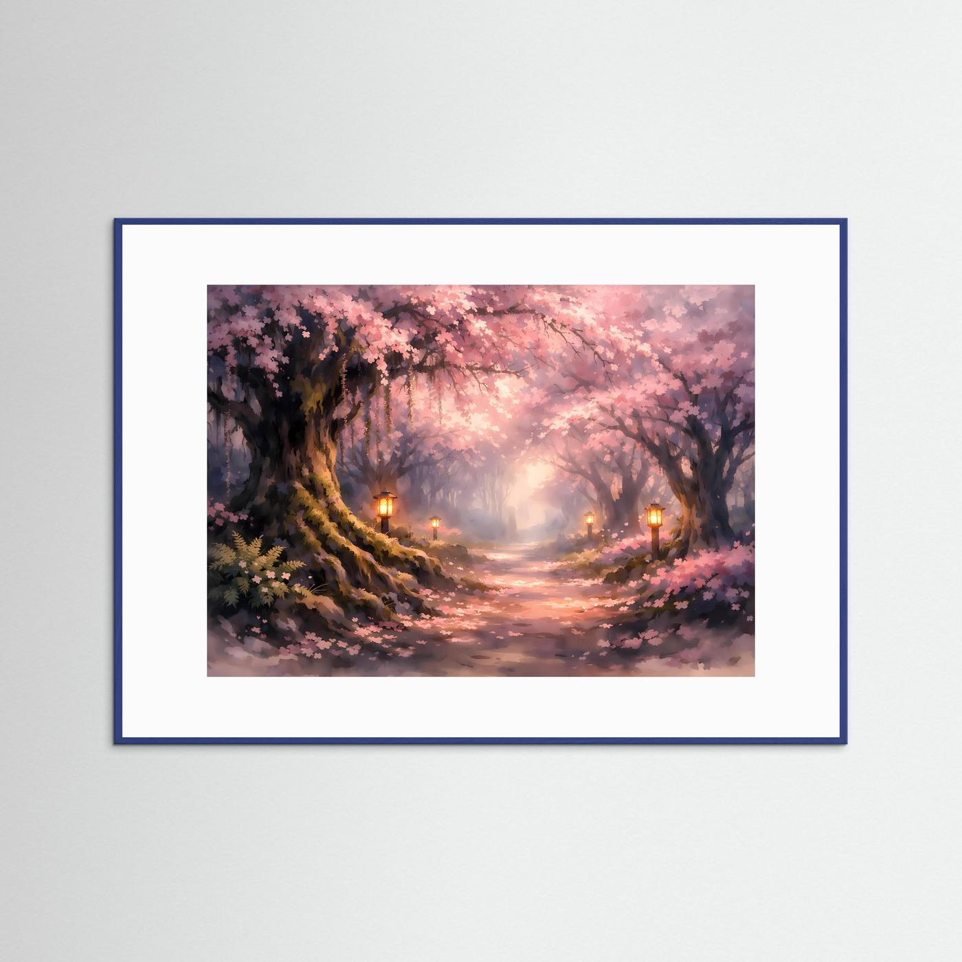 Märchenhafter Kirschblütenweg | Rosa Kirschblüte & Lanternen Poster Querformat