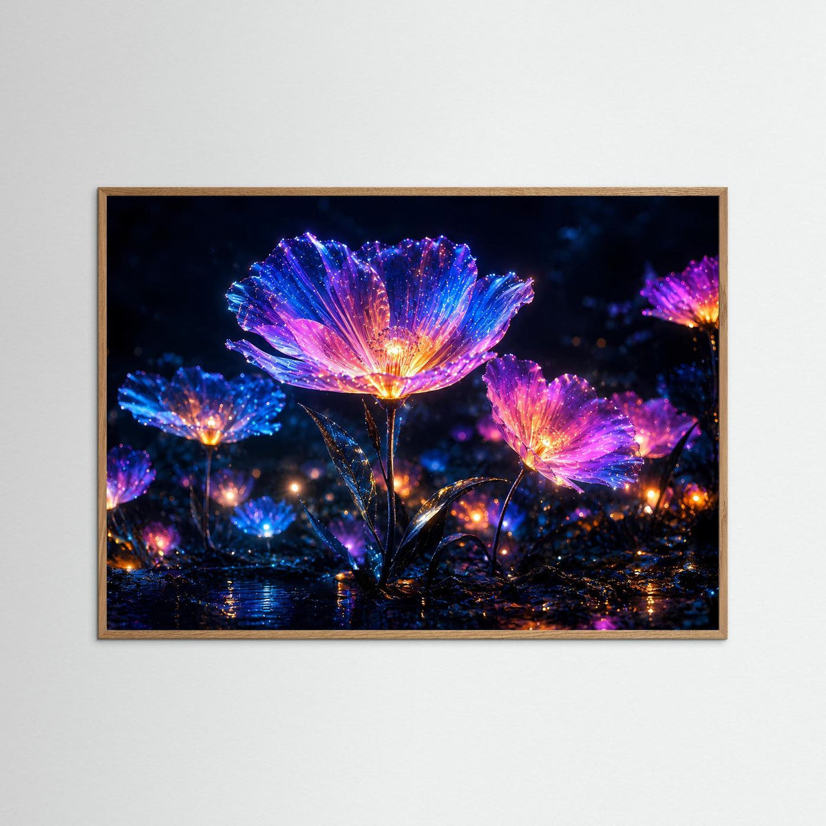 Wandbild mit leuchtenden Neonblumen in Blau, Pink und Violett, mit braunem Holzrahmen