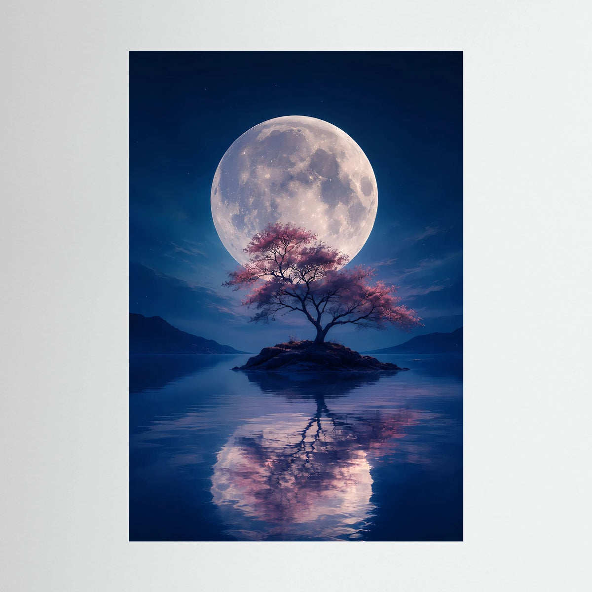 Hochformat-Poster: Vollmond, einsamer Baum mit rosa Blüten und Spiegelung im See
