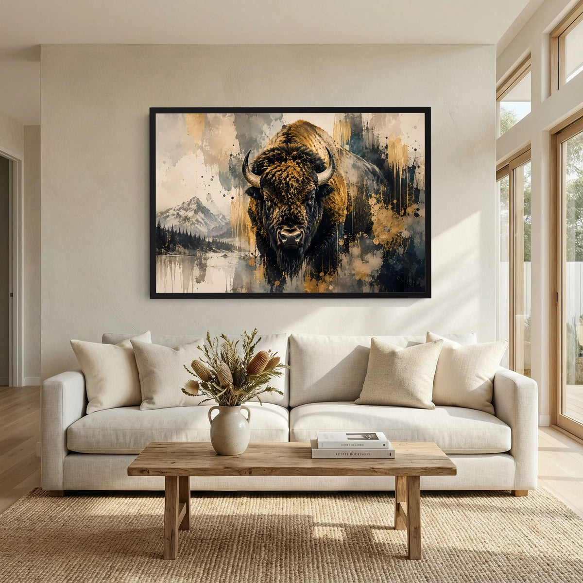 Poster im Querformat mit Büffelkopf in Schwarz und Gold, abstraktes Spritzbild, schwarzer Rahmen