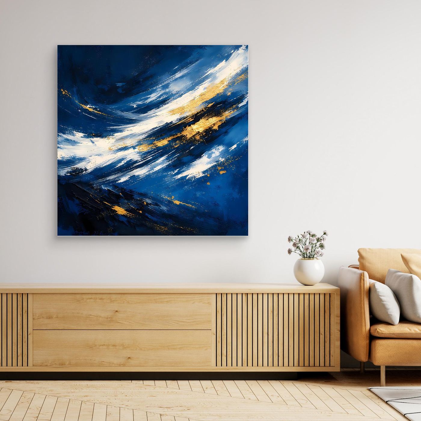 Leinwand Abstraktes Meeresgemälde in Dunkelblau und Gold | Modernes Ozean Wandbild