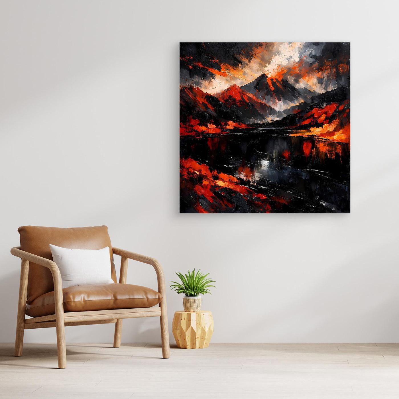 Wandbild Leinwand: abstrakte Vulkanlandschaft mit Feuerrot, Schwarz und grauen Wolken
