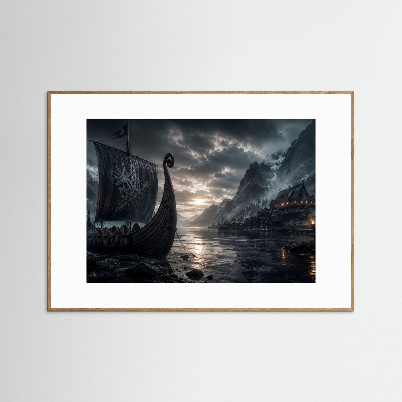 Wikinger im Fjord | Mystisches Langschiff zwischen Bergen – Nordische Wandkunst