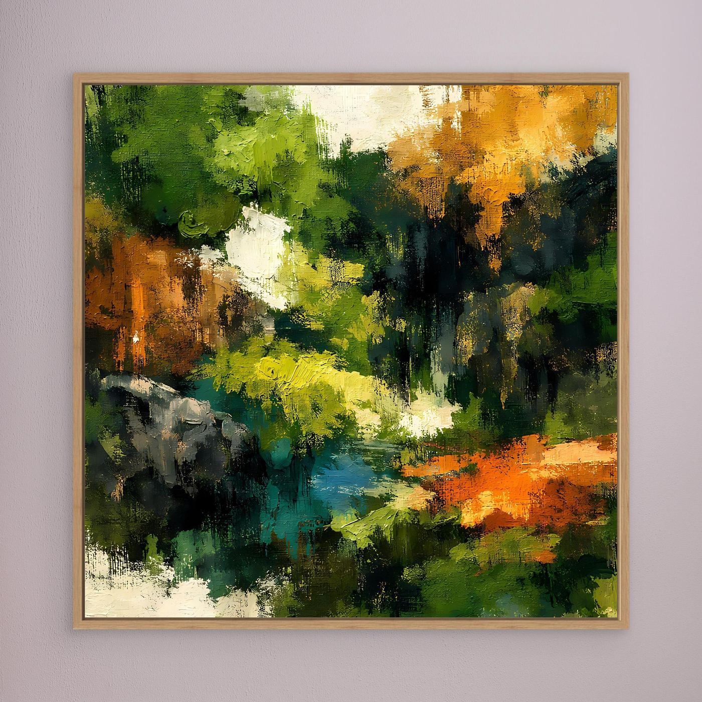 Wandbild mit abstrakter Waldlandschaft, braun gerahmt, grüne und orange Farbtöne
