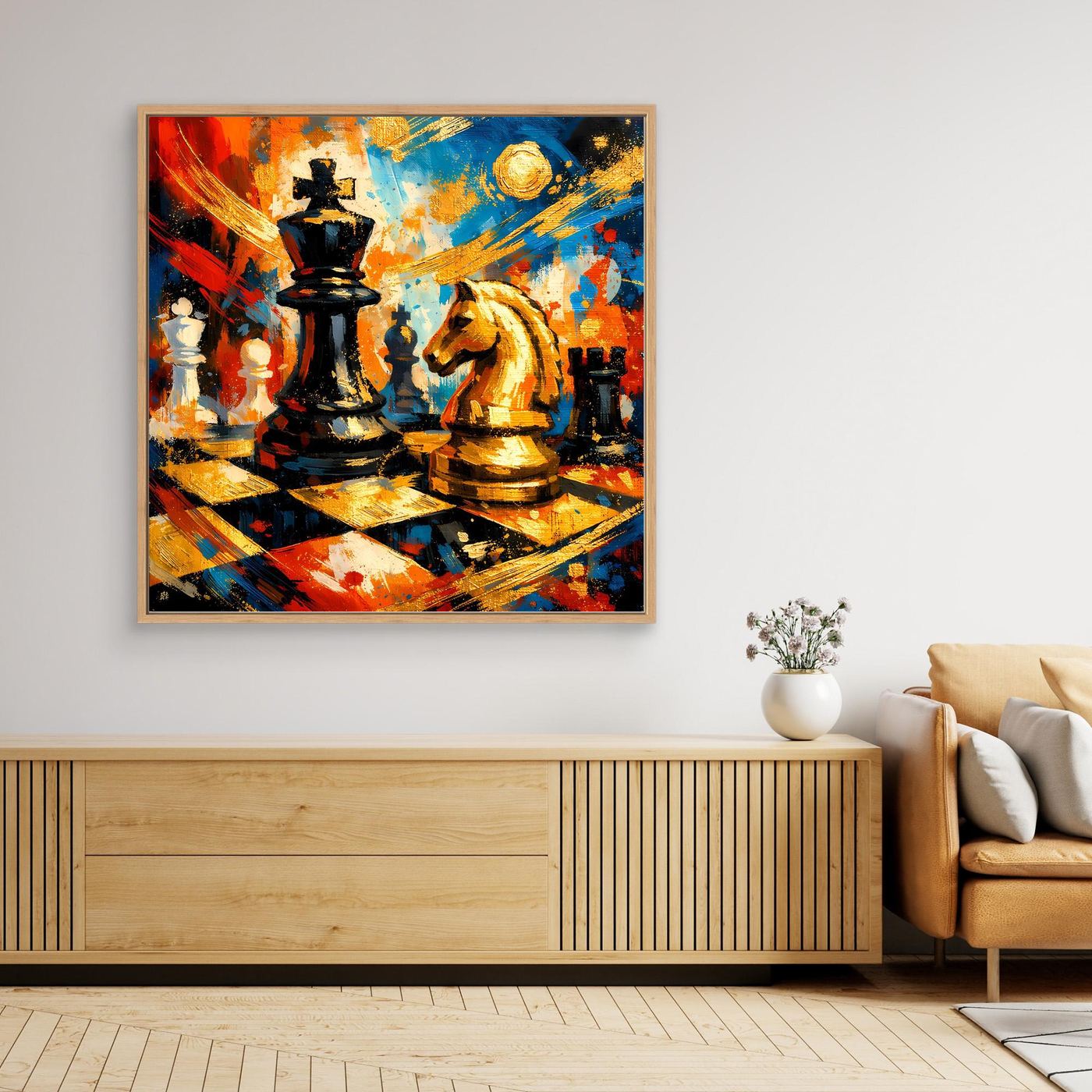 Leinwandbild mit abstraktem Schachspiel, bunt, Eichenrahmen