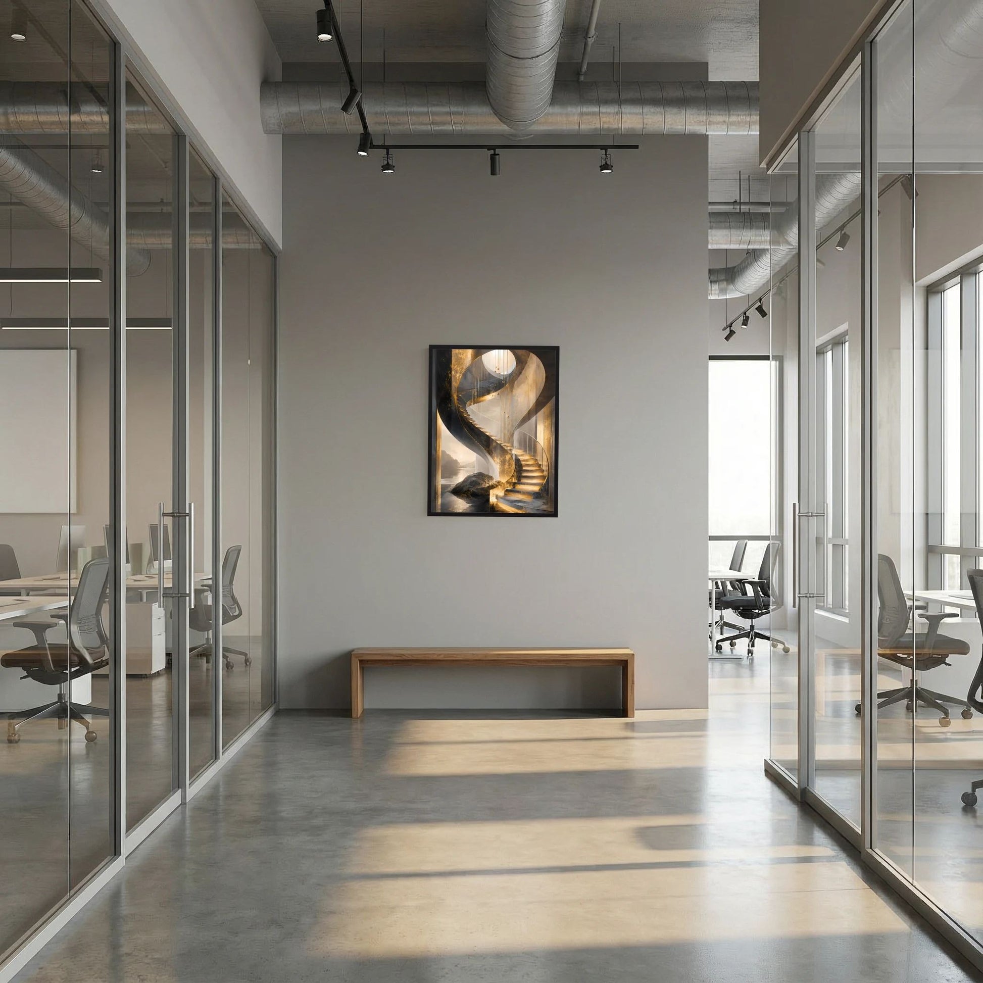 Kleines Hochformat-Wandposter im schwarzen Rahmen: goldene Wendeltreppe im abstrakten Stil.