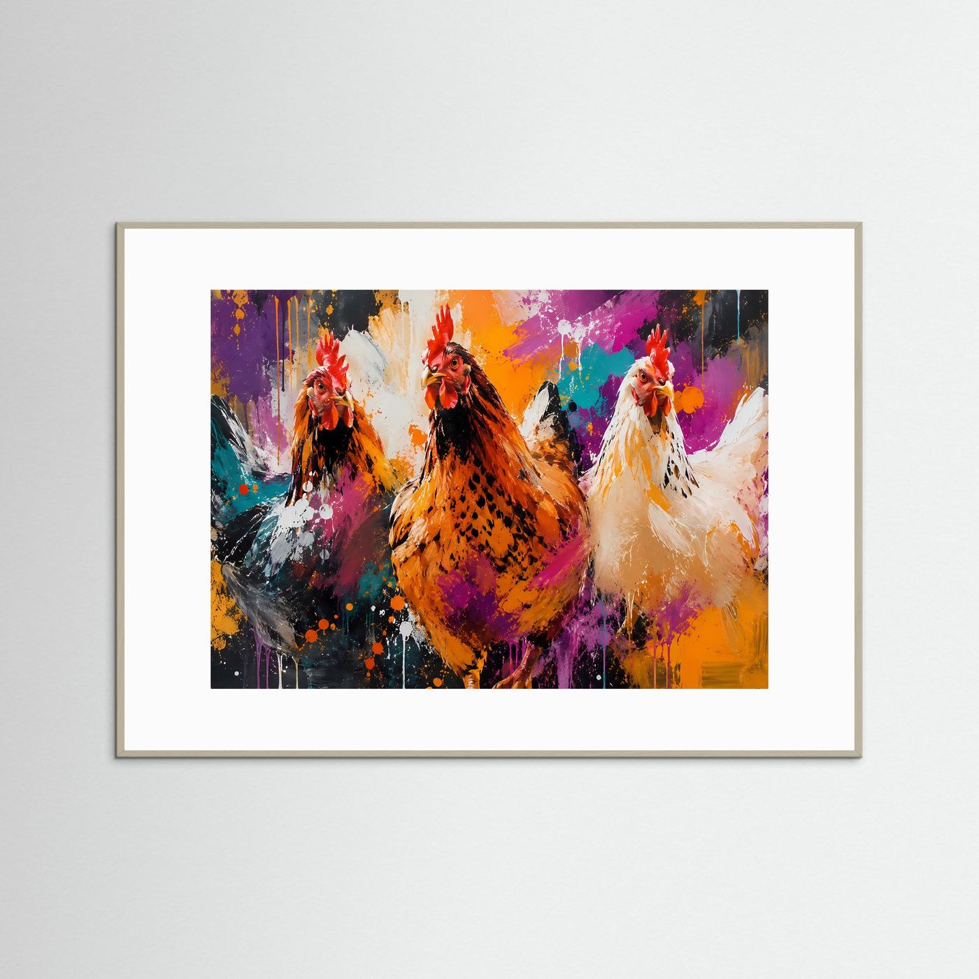 Hühner Poster Modern | Bunte Bauernhof Kunst | Abstraktes Hennen Wandbild | Farbintensive Tierillustration | Leinwand Landhaus Deko