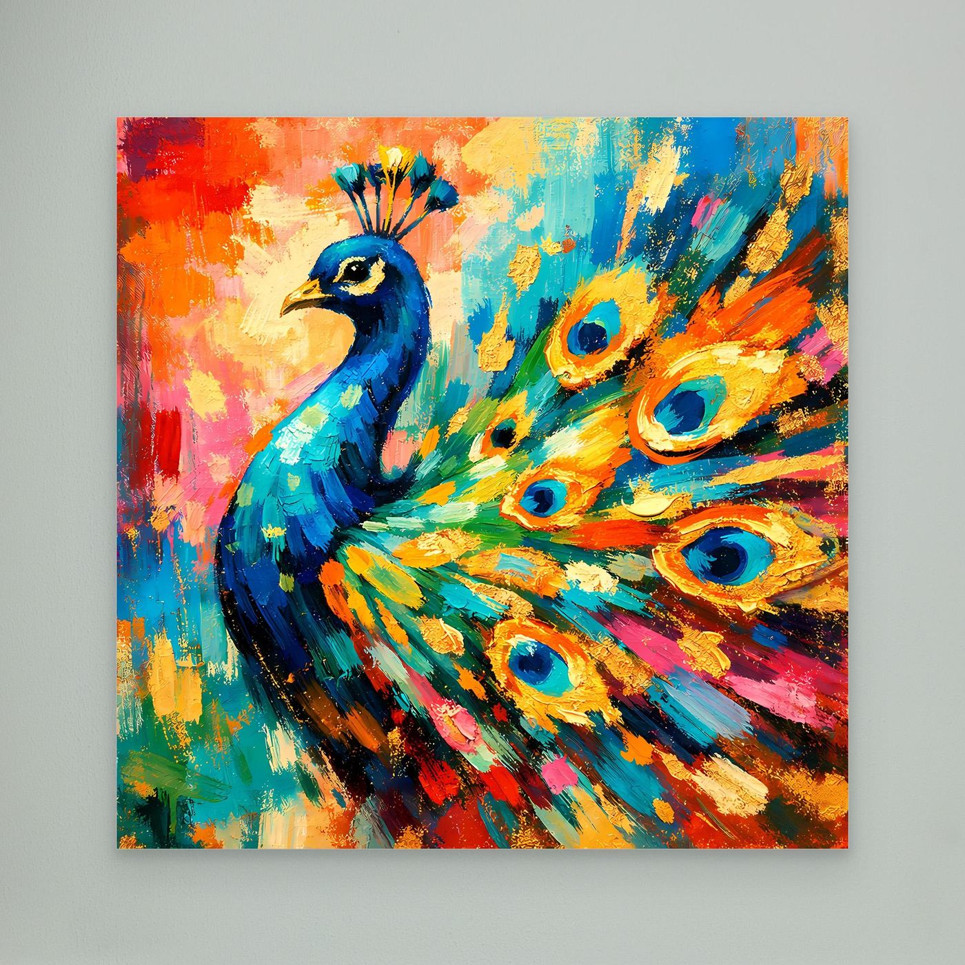 Leinwandbild mit abstraktem Pfau, bunte Pinselstriche, ohne Rahmen