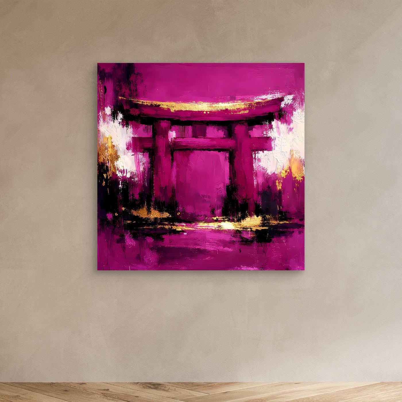 Leinwand Mystisches Torii-Tor in Magenta | Abstraktes Japan Wandbild Moderne Kunst