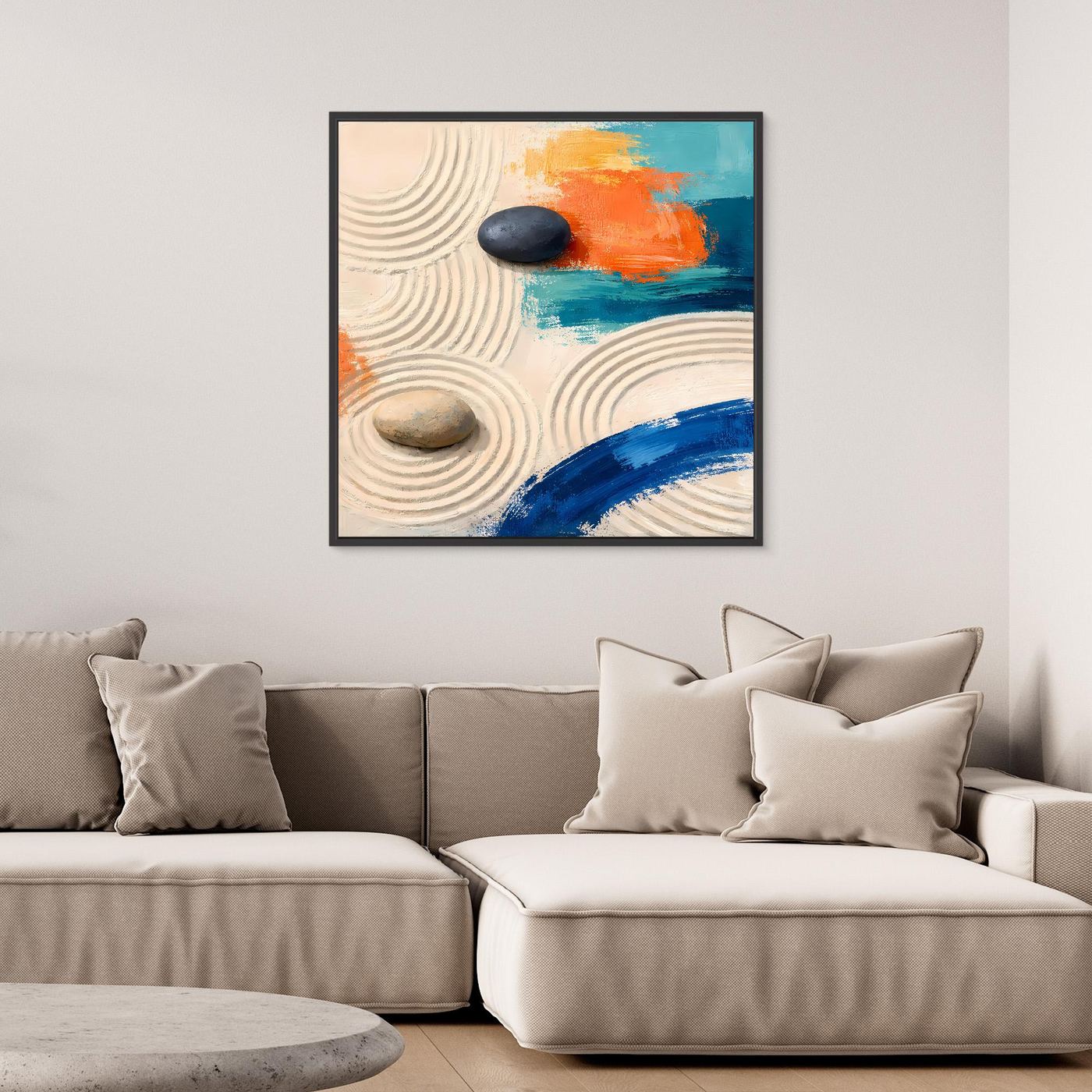 Leinwand Moderner Zen-Garten mit Steinen | Abstraktes Wandbild auf echter Leinwand