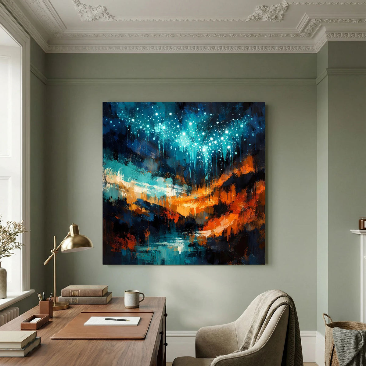 Abstraktes Leinwandbild mit türkis-blauen Lichtpunkten und orangefarbenem Lichtschimmer