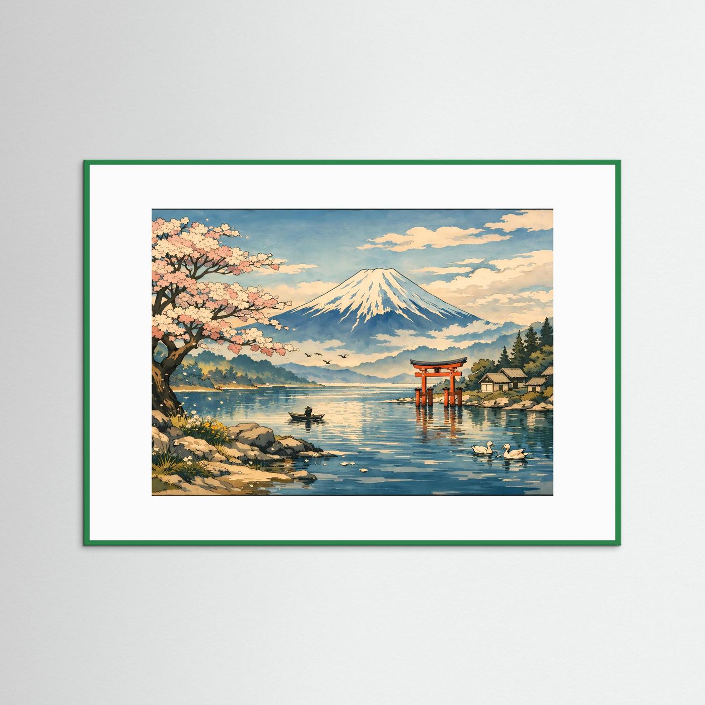 Wandbild-Poster mit Fuji und Kirschblüten, grüner Holzrahmen, weißer Rand