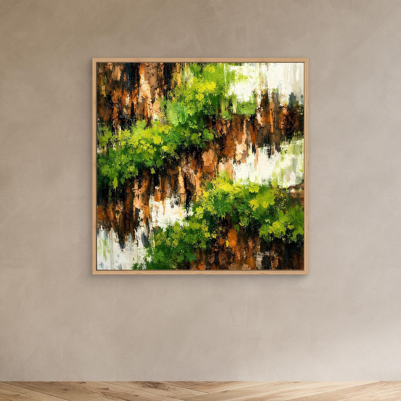 Wandbild mit bewachsener Felswand in Grün und Braun, abstraktes Leinwandmotiv, Eichenrahmen