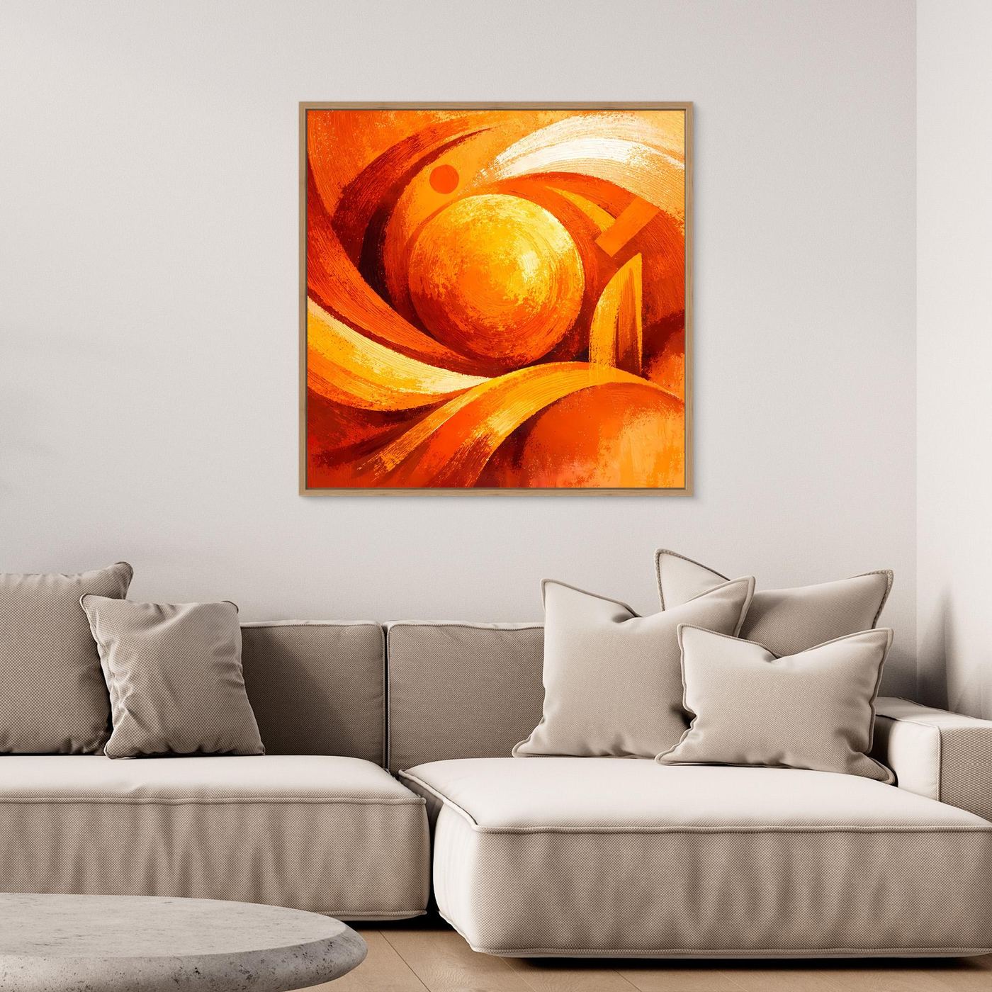 Quadratisches abstraktes Wandbild mit Sonnenwirbel, orange-gelb, schwarzer Rahmen