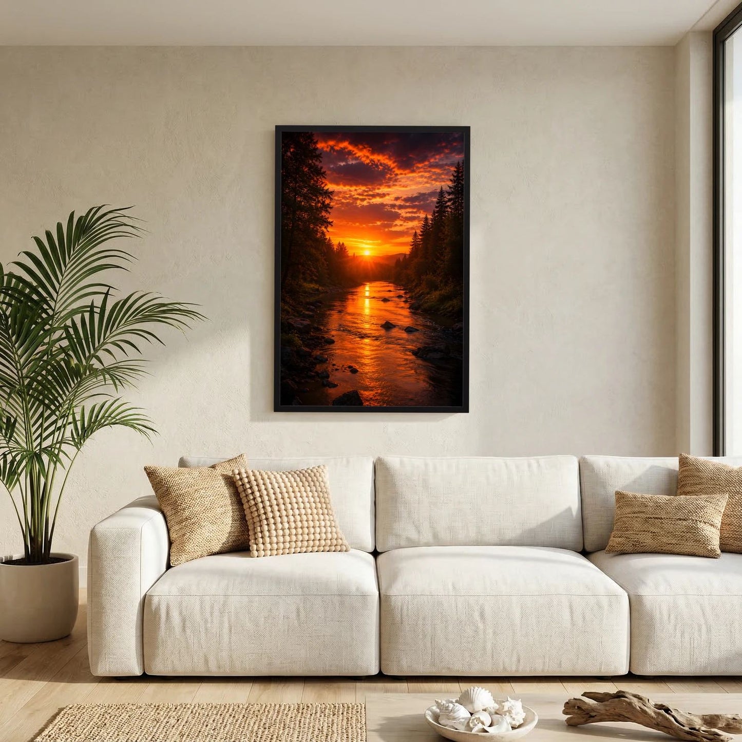 Hochformatiges Naturposter mit leuchtendem Fluss bei Sonnenuntergang, dunkler Rahmen