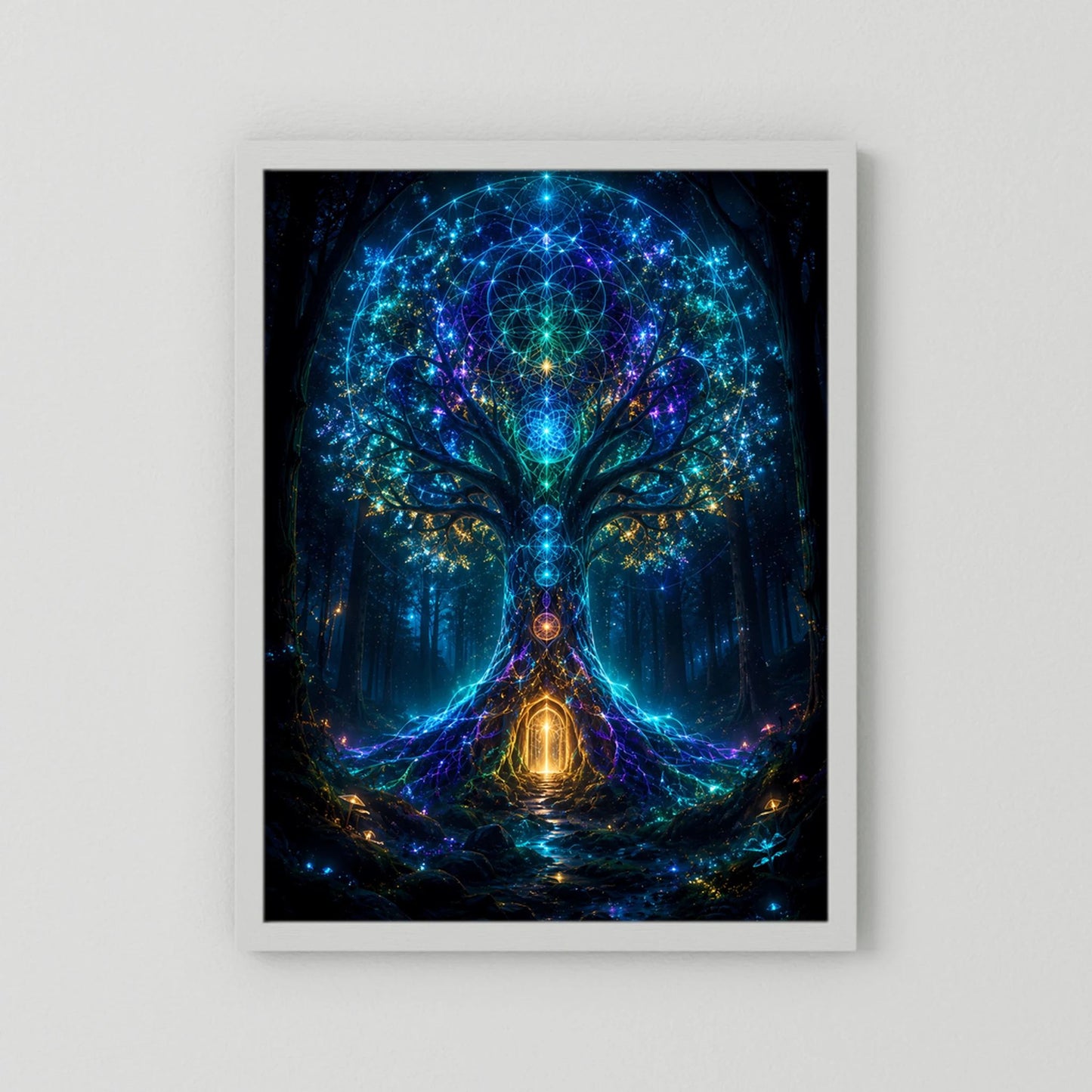 Hochformatiges Poster mit leuchtendem Baum-Motiv im weißen Rahmen